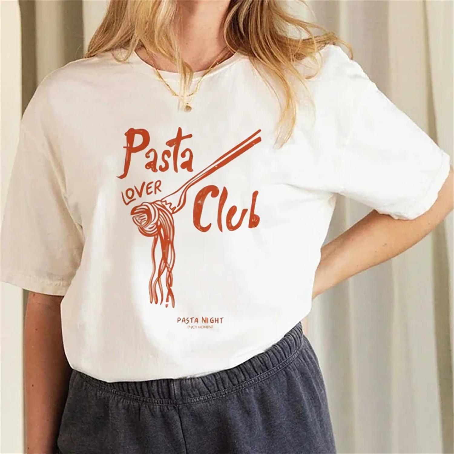 Pasta Club Pattern 90s Casual Women s Round Neck Fashion Printed T-Shirt Short Sleeve Women s Summer Pattern Basic Popular T-Shi S белый