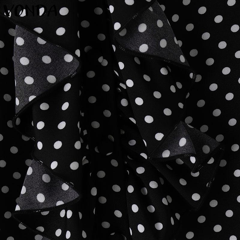 VONDA Women Fashion Ruffle Stand Collar Long Sleeve Polka Dot Shirts