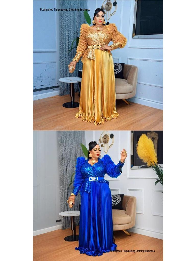 Plus Size High-Waisted Evening Gown with Rhinestones, Beads, and Sequins - New African Style