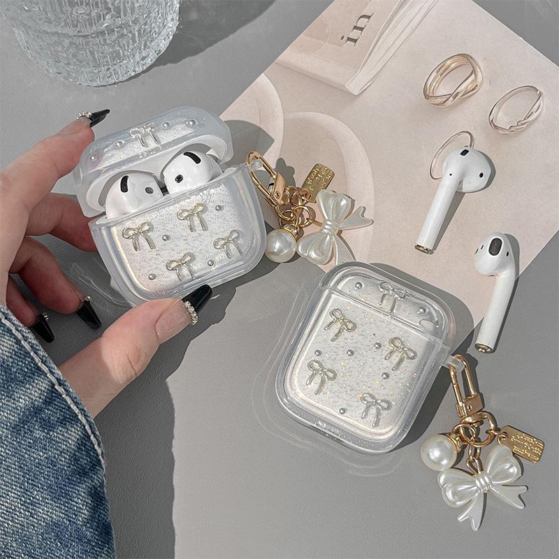 Applicable Airpods 1 /2 Generation Apple Bluetooth Protective Case Airpodspro3 Bow Tie Pearl Pendant