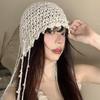 Women's Summer Hollow-out Pearl Tassel Pendant Head Wrap Hat Ethnic Style Knit Slouchy Hat Retro Face Slimming Cap
