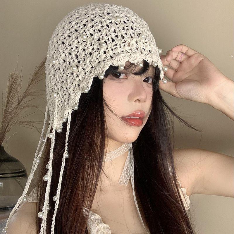 Women's Summer Hollow-out Pearl Tassel Pendant Head Wrap Hat Ethnic Style Knit Slouchy Hat Retro Face Slimming Cap