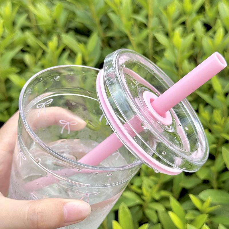 Single Layer Transparent Plastic Water Bottle With Straw Simple Bow Print Water Cup Office Coffee Mug Matcha Milk Tea Ice Cup