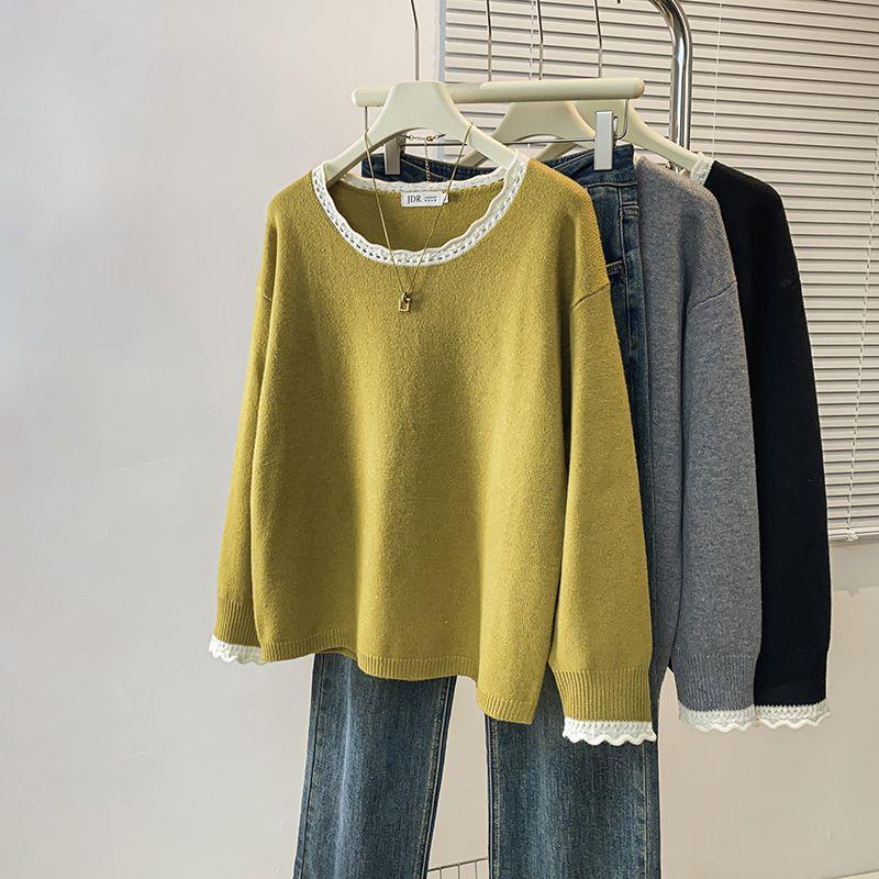 

Women s Plus Size Side Stitch Knitwear: Gentle Lazy Style Long Sleeve Slimming Sweater Base 3XL (150-180 jin)
