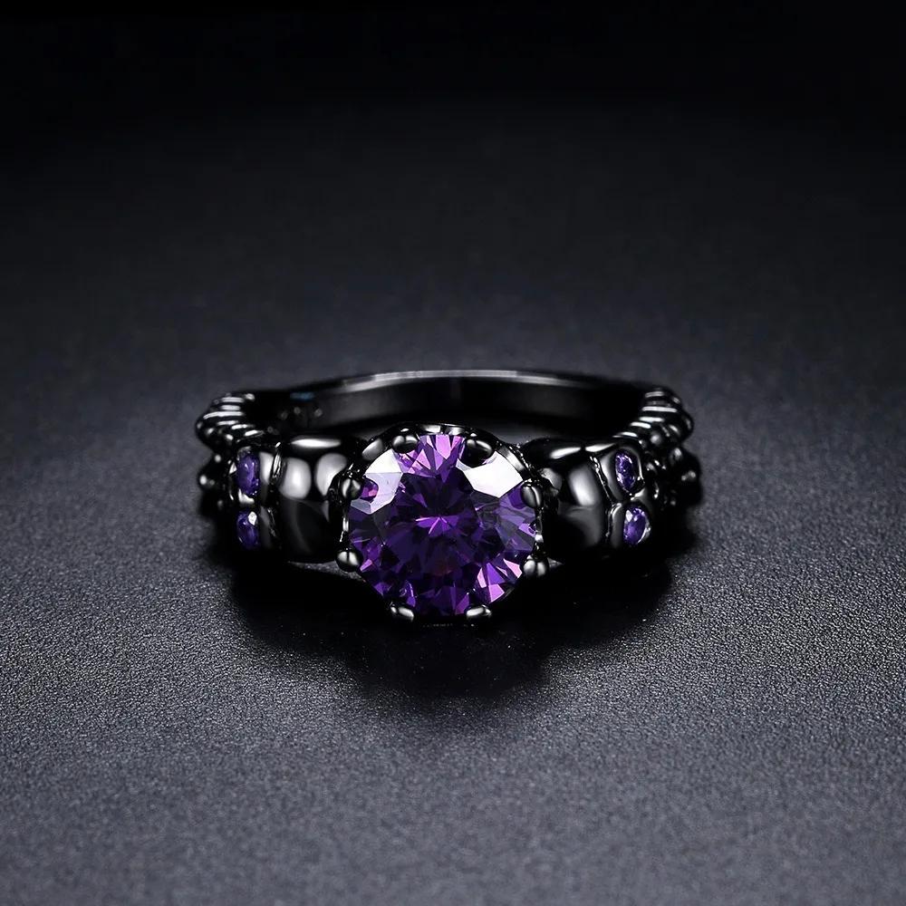 Vintage Black Gold Skull Purple Zircon Punk Ring Creative Ghost Head Fashion Jewelry for Men Women