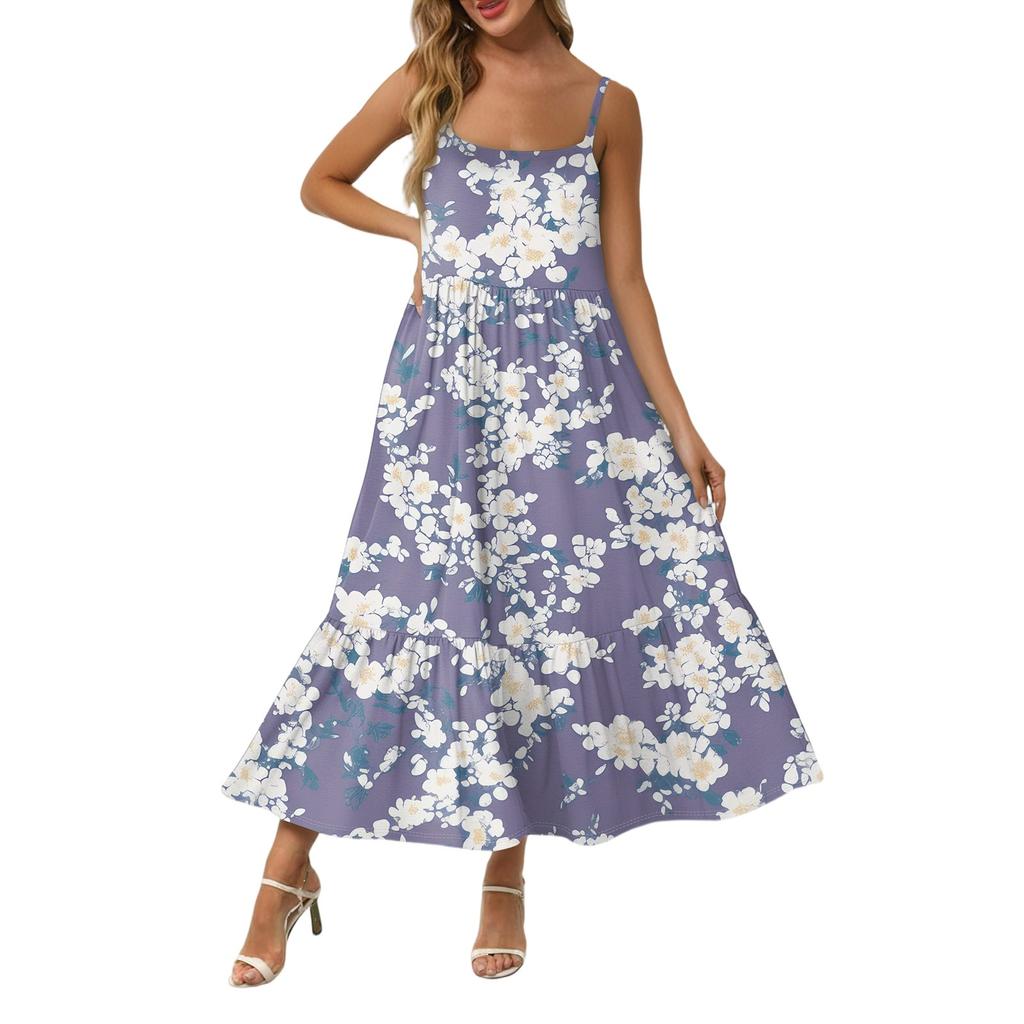 Damska Długa Plażowa Codzienna Elegancka Sukienka Maxi na Cienkich Ramiączkach, Szyta, Subtelna, Zwiewna Sukienka w Stylu Boho