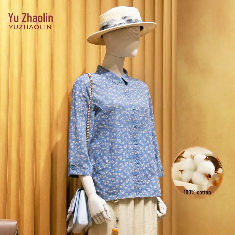 YUZHAOLIN Women s Floral 3/4 Sleeve Cotton Cardigan Shirt L синий
