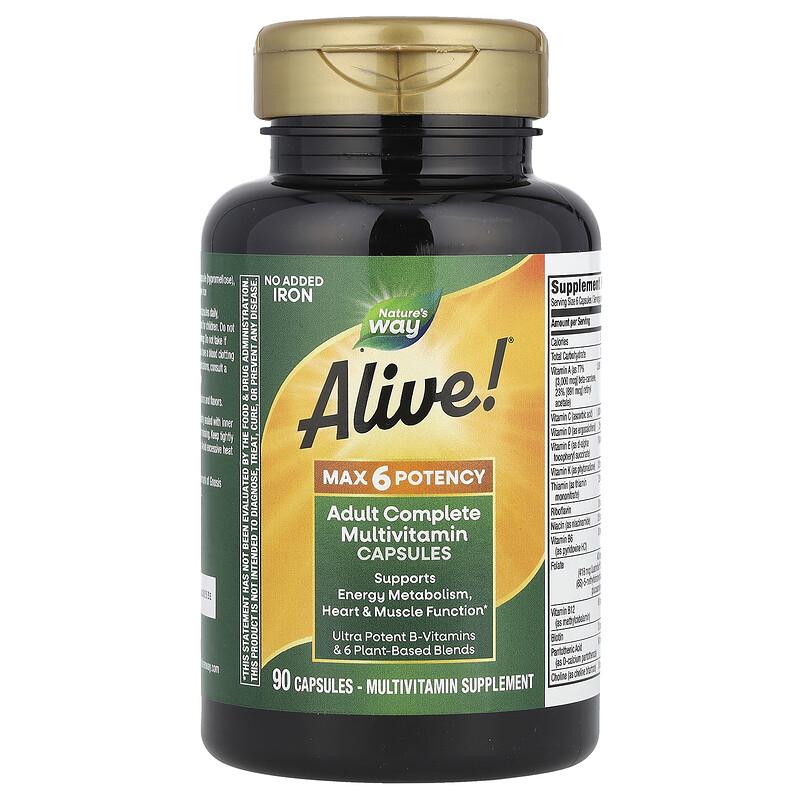 Alive!® Max6 Potency, Adult Complete Multivitamin, No Added Iron, 90 Capsules