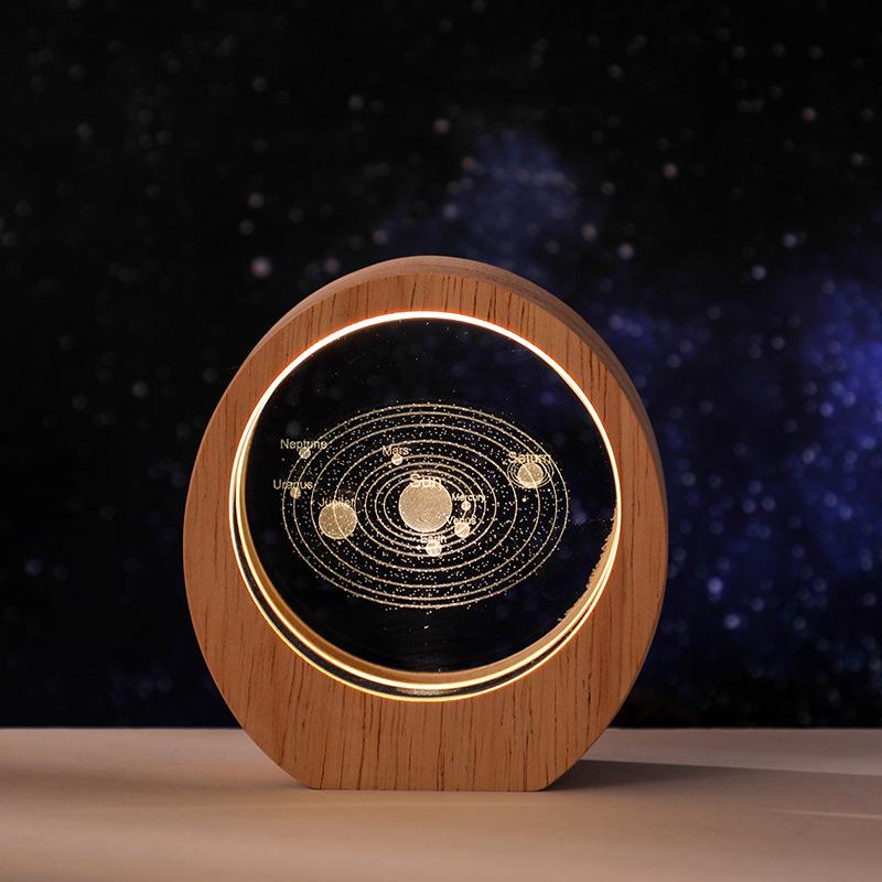 Planet Night Light 3D Inner Engraving Luminous Crystal Desktop Ornament Wooden Base