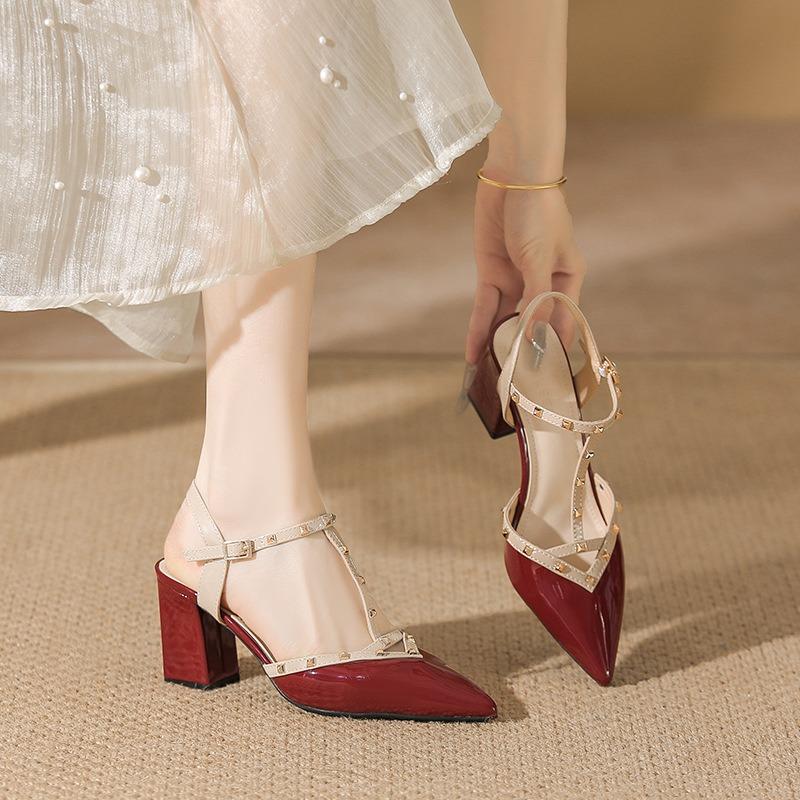 

Rivet pointed high heels women s summer new red patent leather thin heel side empty willow bag head cool single shoes 40 бордовый