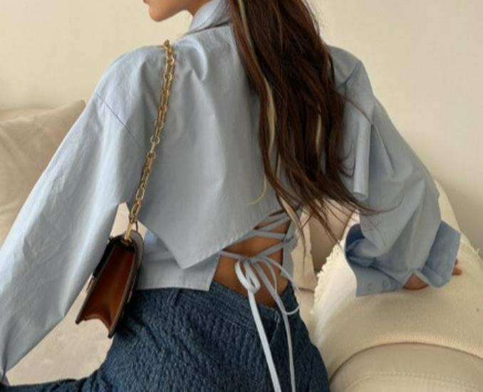 

Korean Spring Back-Tie Long Sleeve Slimming Shirt for Women Extra Large синий