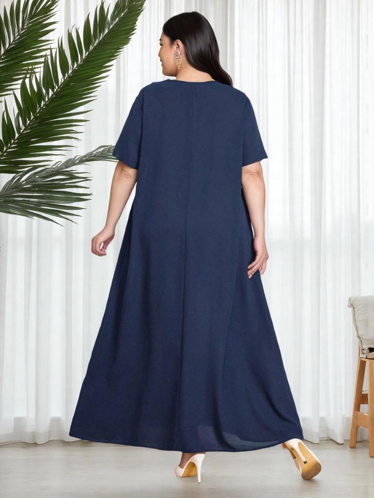 Plus Size V-Neck Slimming Dress: Tummy-Covering, Waist-Cinched with Wide Hem - New Summer Fashion