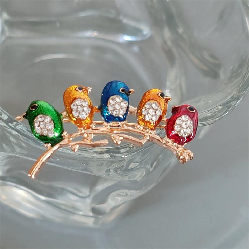 Cartoon Cute Colorful 5 Bird Brooch High-Grade Enamel Drip Oil Glaze Diamond Animal Silk Scarf Buckle