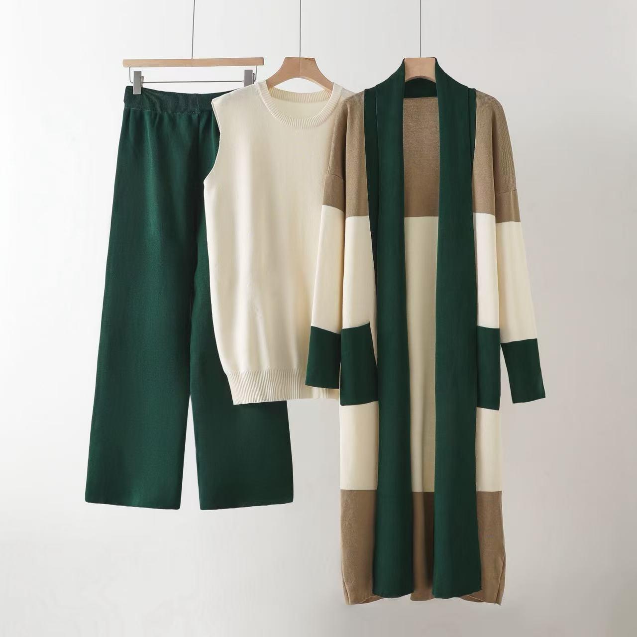 

European-American Style Fashionable Autumn Knit Cardigan & Wide-Leg Pants Three-Piece Set for Women One Size зелёный