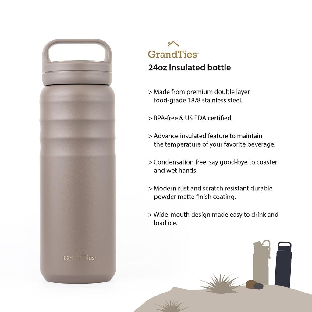 GRANDTIES Vacuum Insulated Stainless Steel Wide Mouth Water Bottle, 709ml, with Two Lids, Direct Drinking, Keeps Hot or Cold Water Hot for 12 Hours,