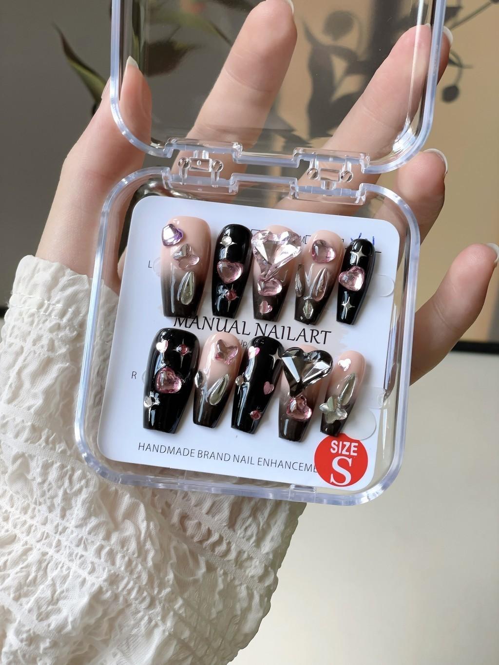 

Nail Handmade Patch Wearing Nail Pink Black Highgrade Glitter Fashion Design L