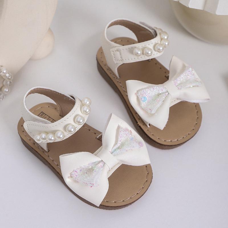 Girls' Bowknot Flat Sandals Soft-Sole Pearl Beach Shoes for Toddlers & Young Children Cute Elegant Girls Shoes Kids Shoes