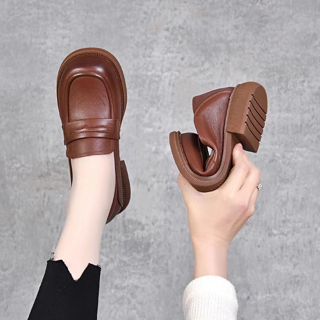 Women's Single Shoes Round Head Flat Bottom Small Leather Shoes Spring New First Layer Cowhide Basic Soft Leather Women's Shoes