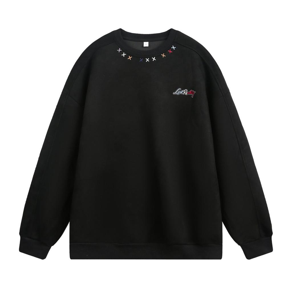Erkek Renkli Nakışlı Yuvarlak Yaka Bol Uzun Kollu Vintage Günlük Kazak Sweatshirt