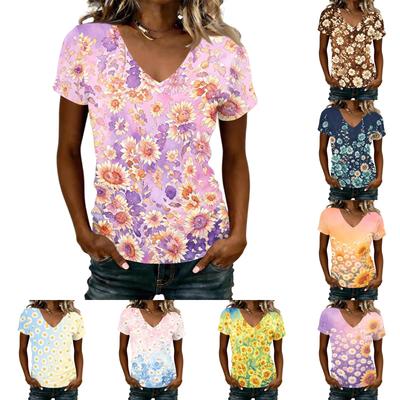Women V Neck Short Sleeve Floral Print Casual T Shirt Loose Fit Lightweight Top for Everyday Wear Comfortable Design