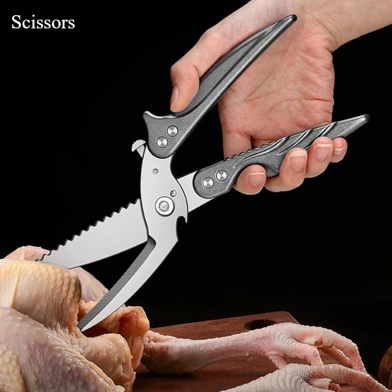 Sharp Multi-functional Kitchen Special Chicken and Duck Bone Scissors All Stainless Steel Fish Killing Scissors Food Barbecue Scissors Cooking Tools