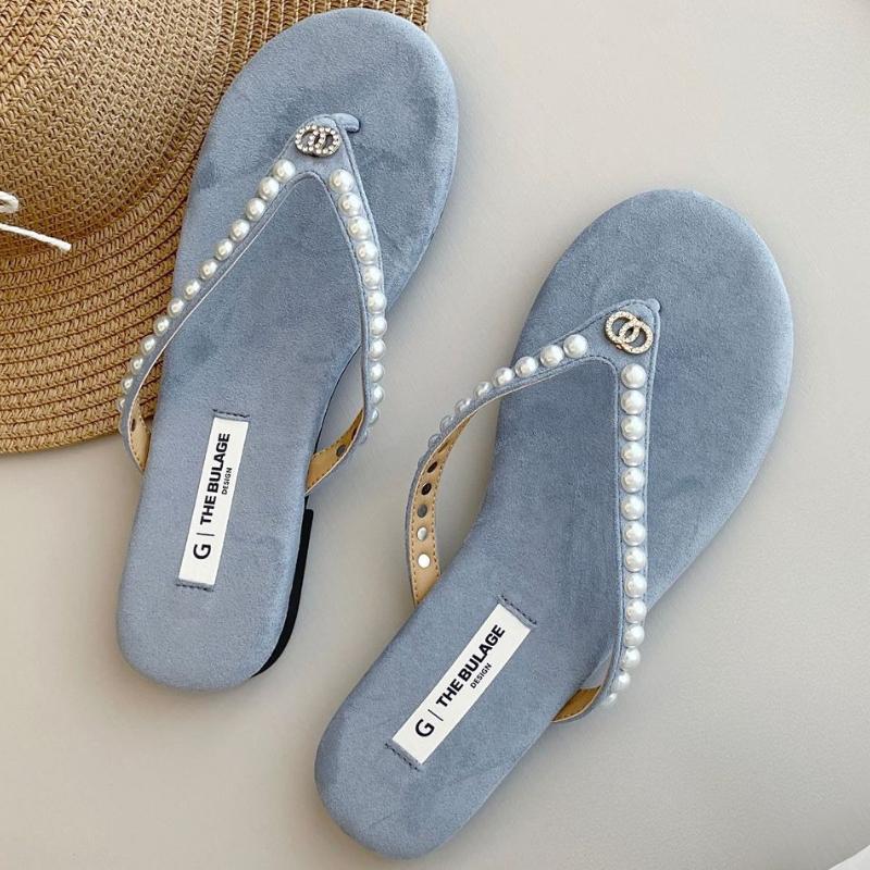 Fashion Luxury Pearl Rhinestone Flat Sandals Women Summer Brand Fashion Flip-flops Open Toe Non-slip Comfortable Casual Beach Sandals