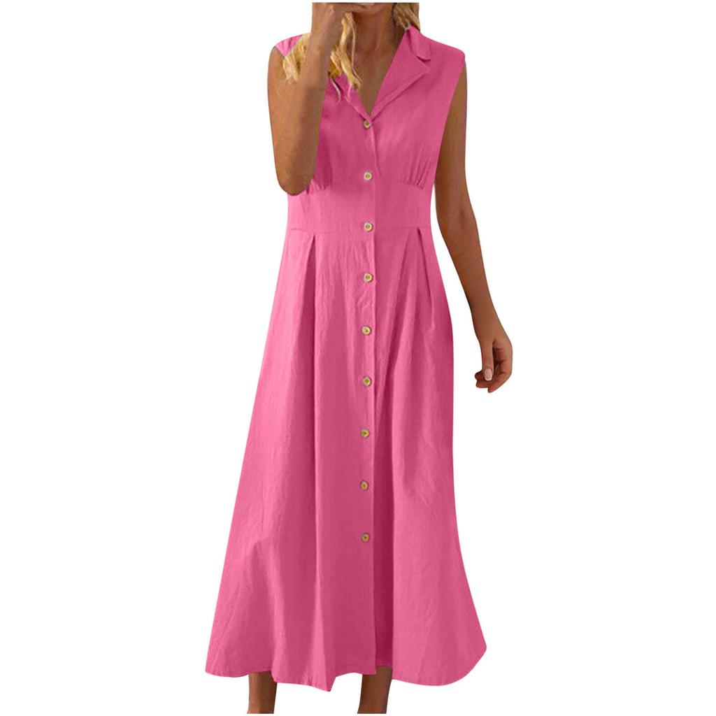 Cotton and linen dress, new suit collar, solid color button cotton and linen dress, dress.