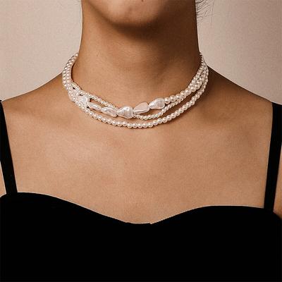 Mehrschichtige Perlenkette für Damen, elegante Colliers, Retro-Halskette, Kunstperlen, Herz-Halskette, Hochzeits-Damenschmuck