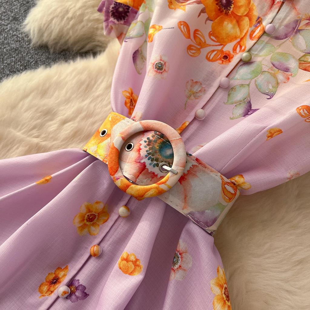 Kleid mit Blumendruck für Damen, Rüschen, fliegende Ärmel, kontrastierende einreihige Kleider, Taillenschnürkleider im Palaststil