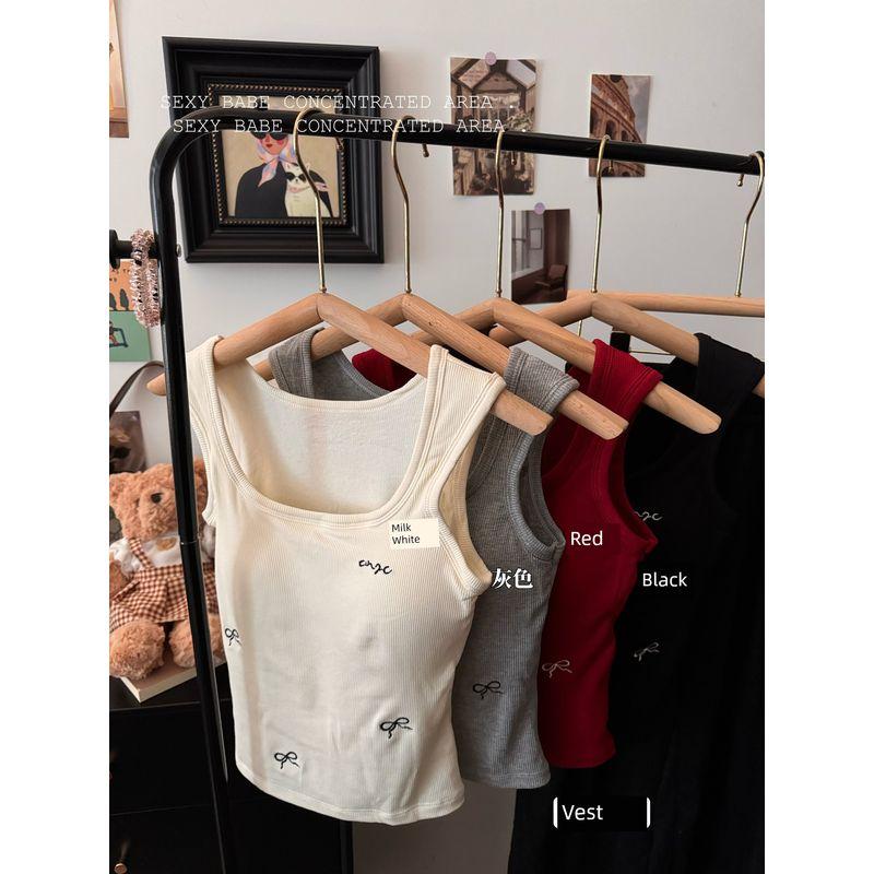 Kumikumi Pure Desire Style Bows Brushed Camisole Women's Autumn Retro with Chest Pad Short Inner Tops