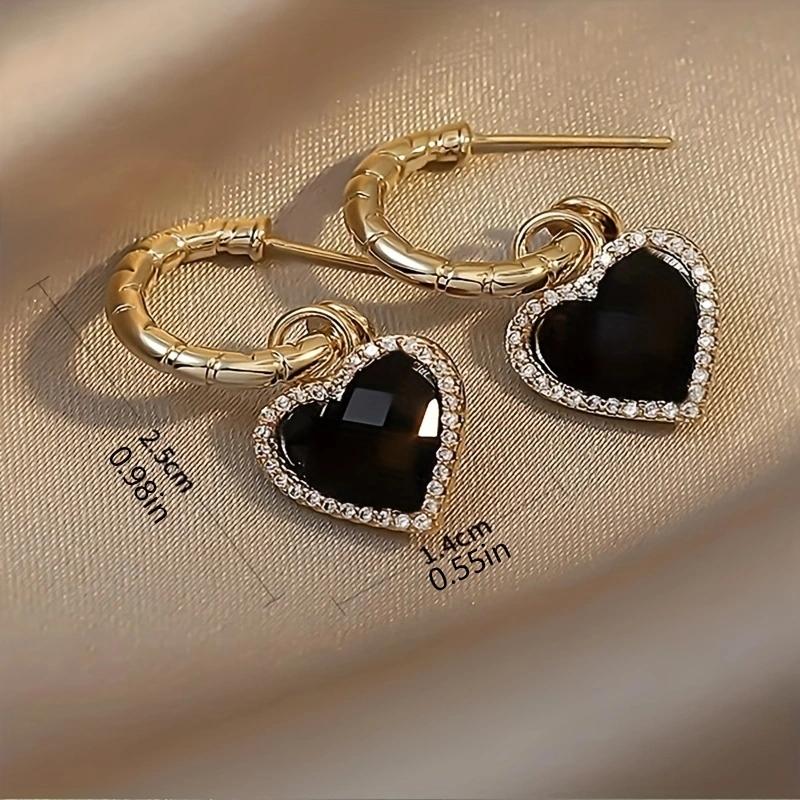 1 Paar Strass-Herz-Tropfen-Ohrringe Schwarze Herz-Ohrringe Simple Sense 925 Silber Nadel Luxus-Ohrstecker für Frauen