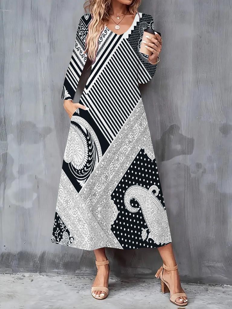 2025 Autumn and Winter New Women Casual Fashion Dress 3D Retro Pattern Print  Long Sleeve V-Neck A-Line Dresses