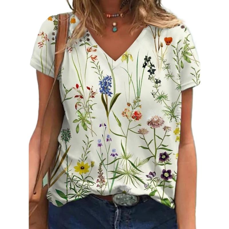 IHUASU Women's Pullover Round Neck Abstract Retro Print Street Short Sleeve Multicolour Loose Fit V-Neck T-Shirt