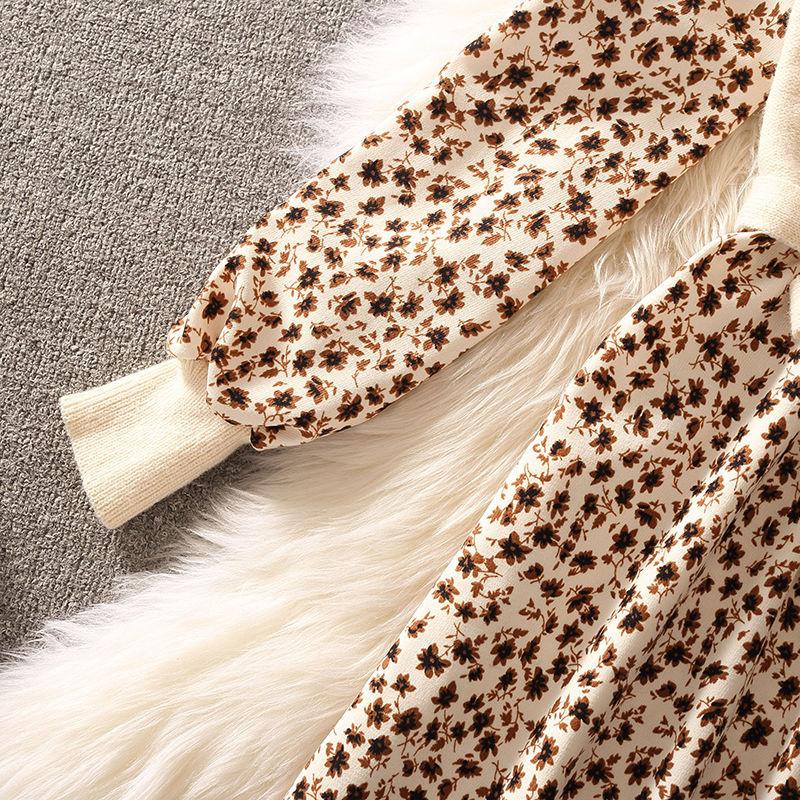 Herbst Neue Oansatz Patchwork Twist Cord Elegante Dame Gestrickte Blumendruck Kleid Frauen Laterne Hülse Schärpen Bogen Midi Kleid