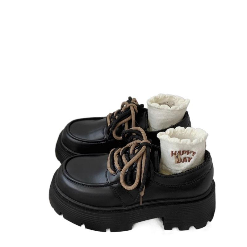 British Style Retro Thick High-Heeled Small Leather Shoes Women'S Versatile Platform-Soled Lace-Up Loafers K Single