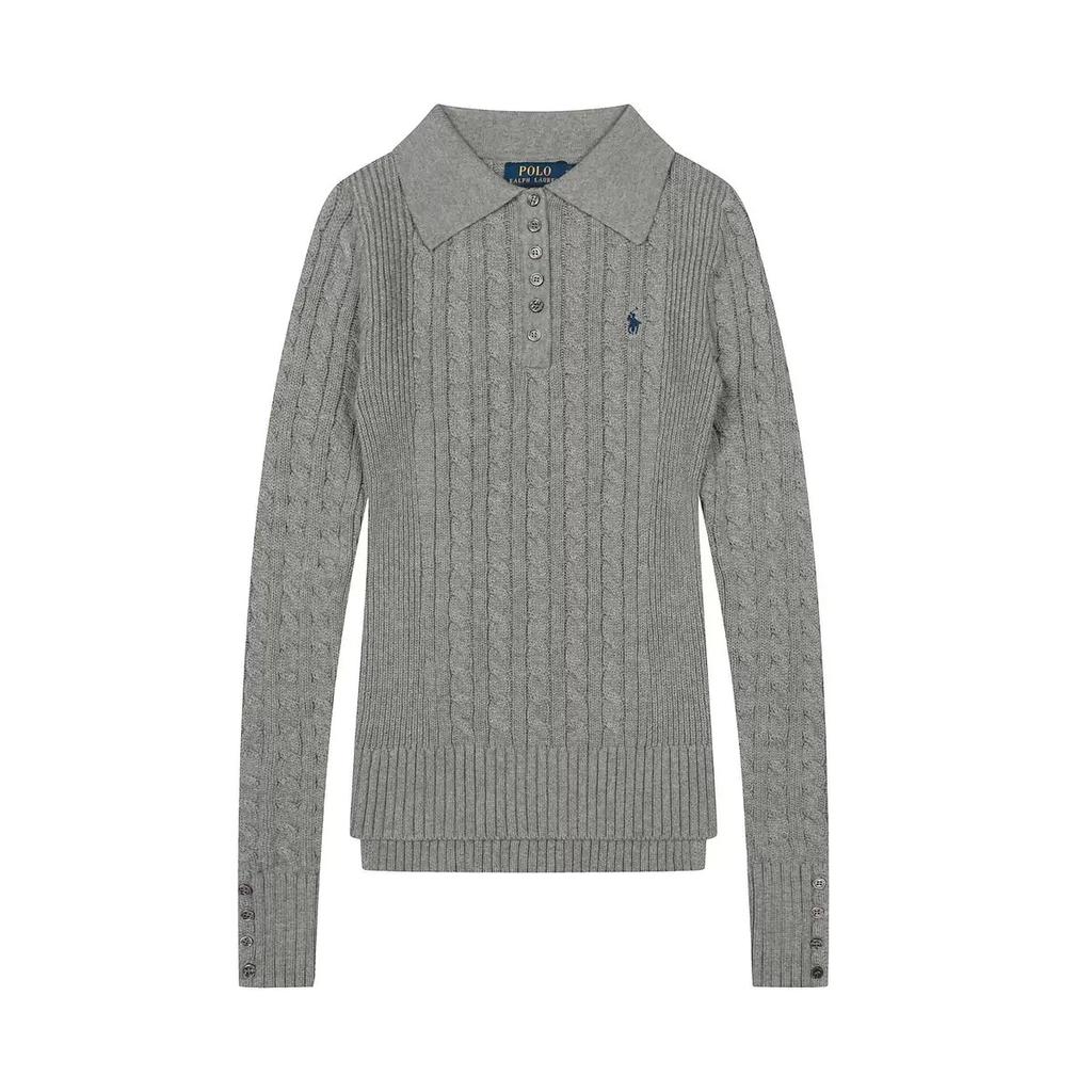 Ribbed Knit Sweater with Buttons for Women, Polo Collar, Long Sleeve Pullovers, Chic Tops, Female Fashion