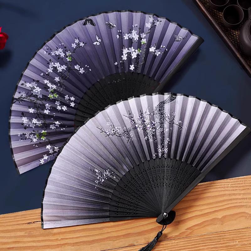 Ancient Chinese Style Black Bamboo Folding Fan for Women's Hanfu Dance Costume