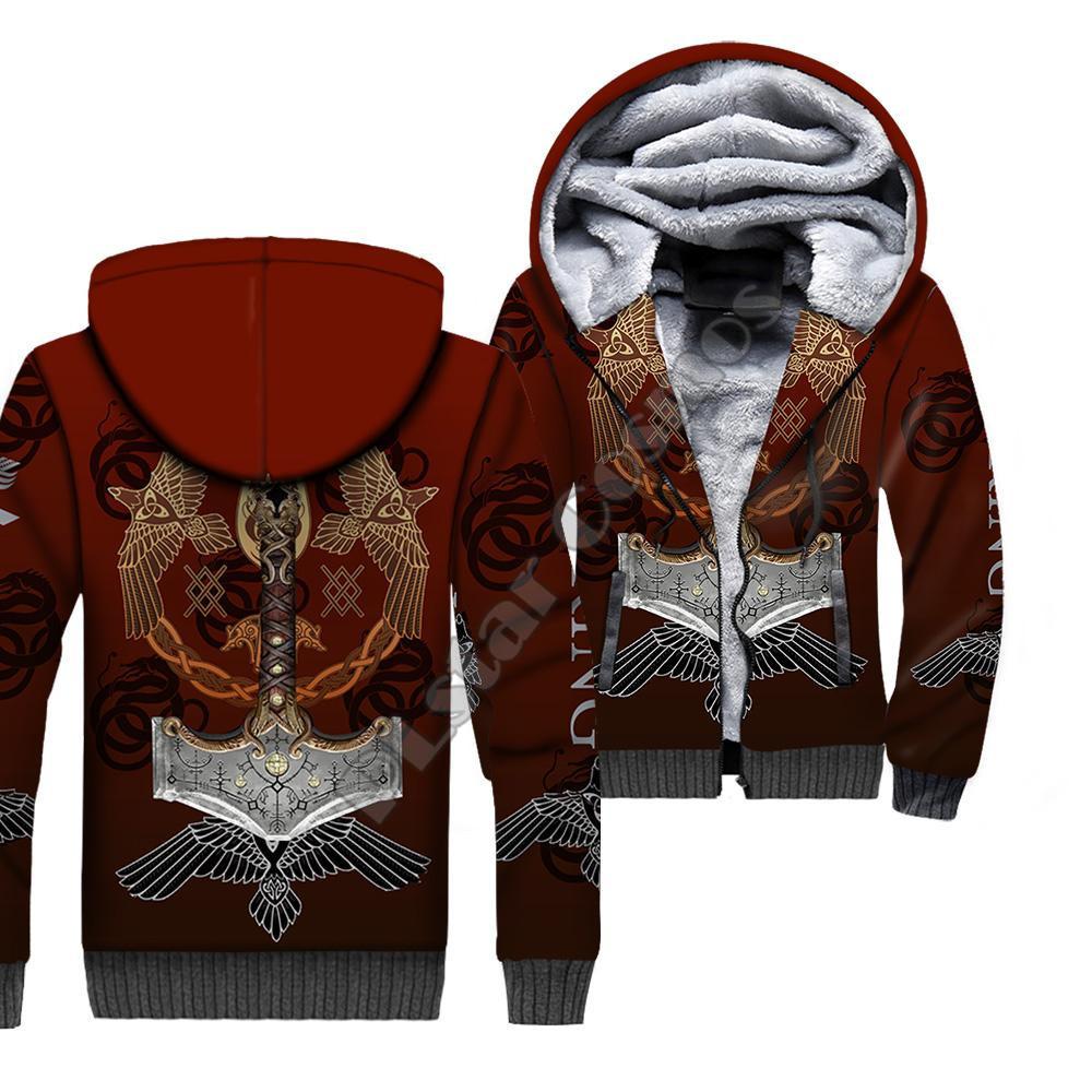 Men's Viking Tattoo 3d Print Zipper Hooded Fleece Double Layer Sweatshirt
