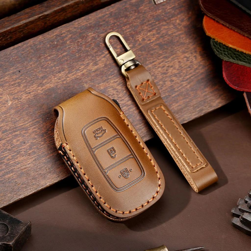 Leather Car Key Case Cover Fob Protect For Hyundai Fista I30 I35 I40 Kona Elantra Solaris Grandeur Accent Santa Fe Holder Shell