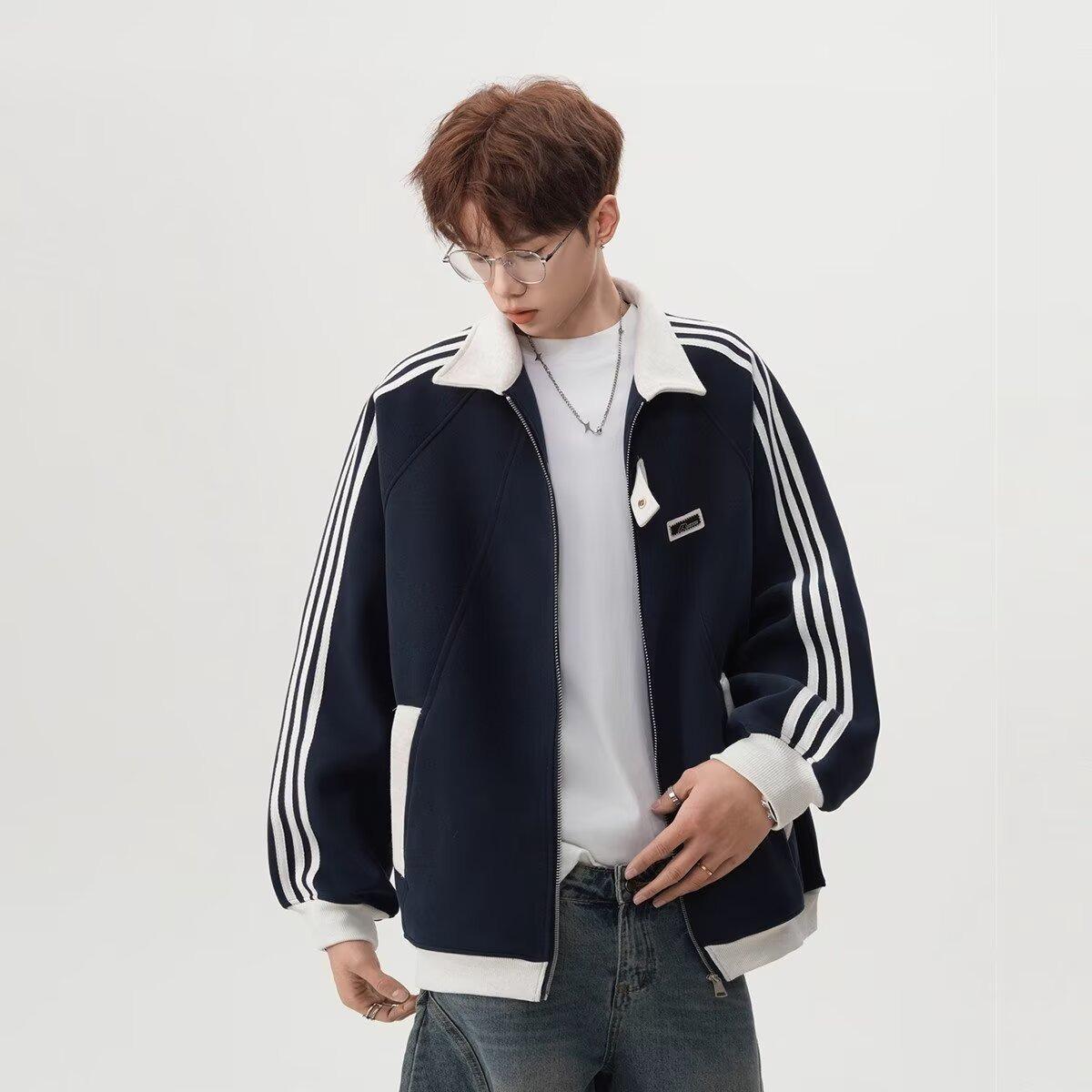 Men s Autumn Striped Baseball Hoodie: Trendy, Heavyweight, Versatile Outerwear Large