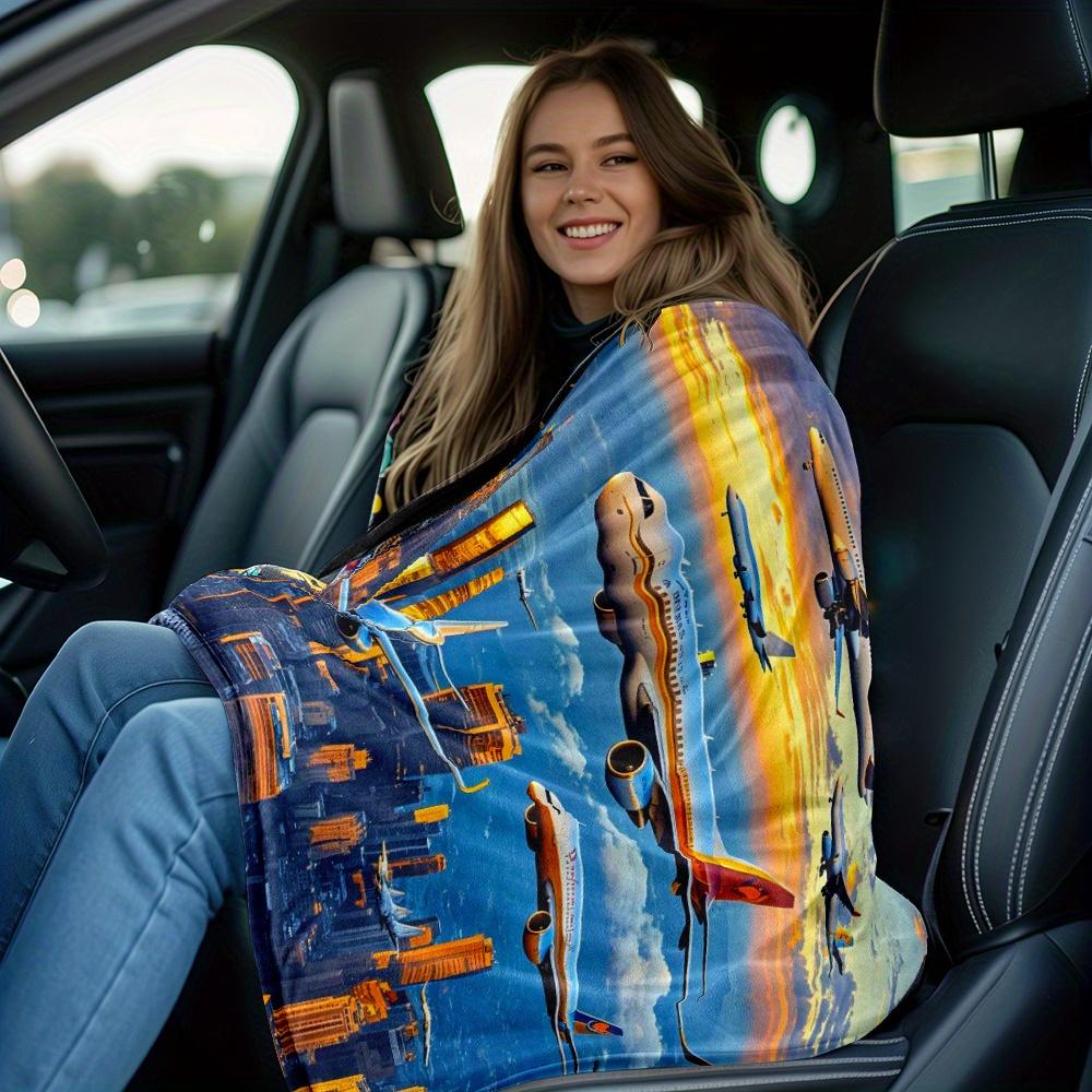 Aircraft Sunset City Print Flannel Blanket Lightweight for Sofa Camping Travel, Nice Gift for Family Friends