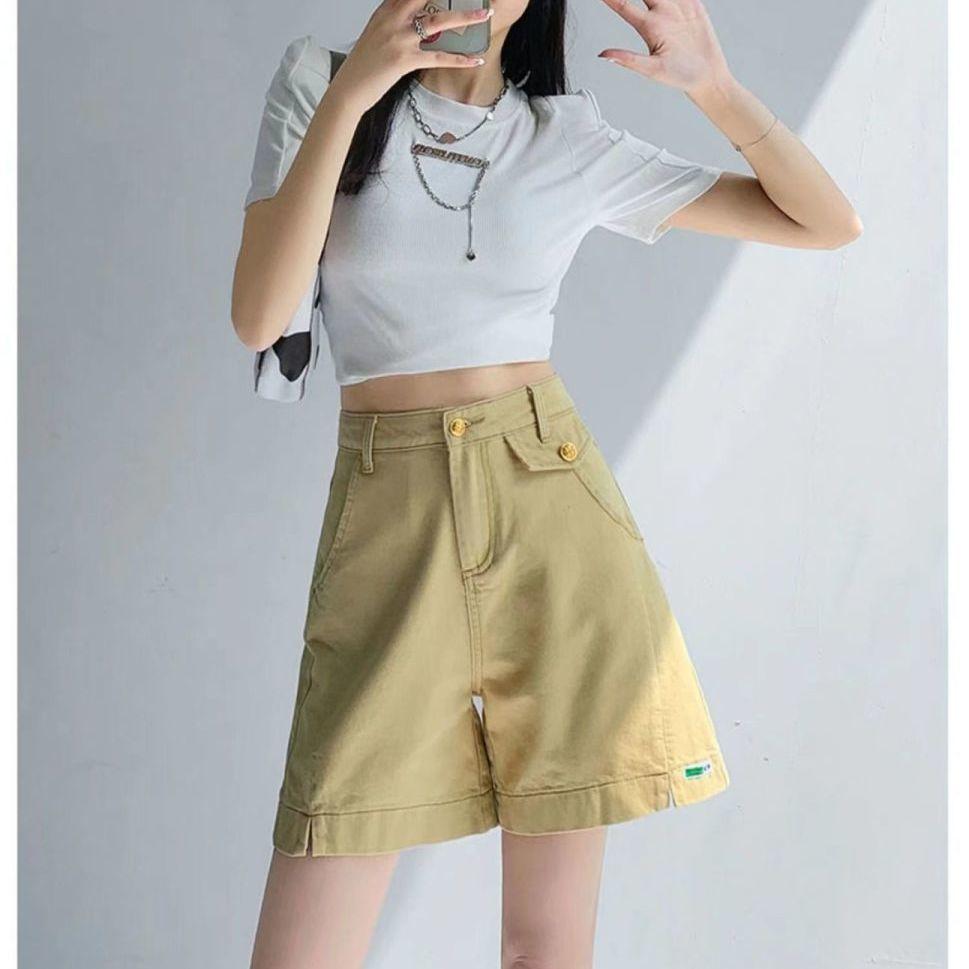High Waisted Khaki Denim Shorts for Women In Summer Thin A-line Loose and Casual American Yellow Cropped Shorts Trendy
