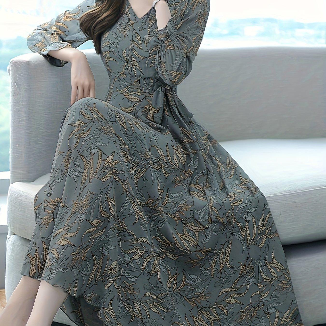 

Элегантное платье миди с длинными рукавами и цветочным принтом — дизайн в винтажном стиле с V-образным вырезом, идеально подходит для повседневных и официальных случаев, незаменимый предмет женского гардероба 5XL