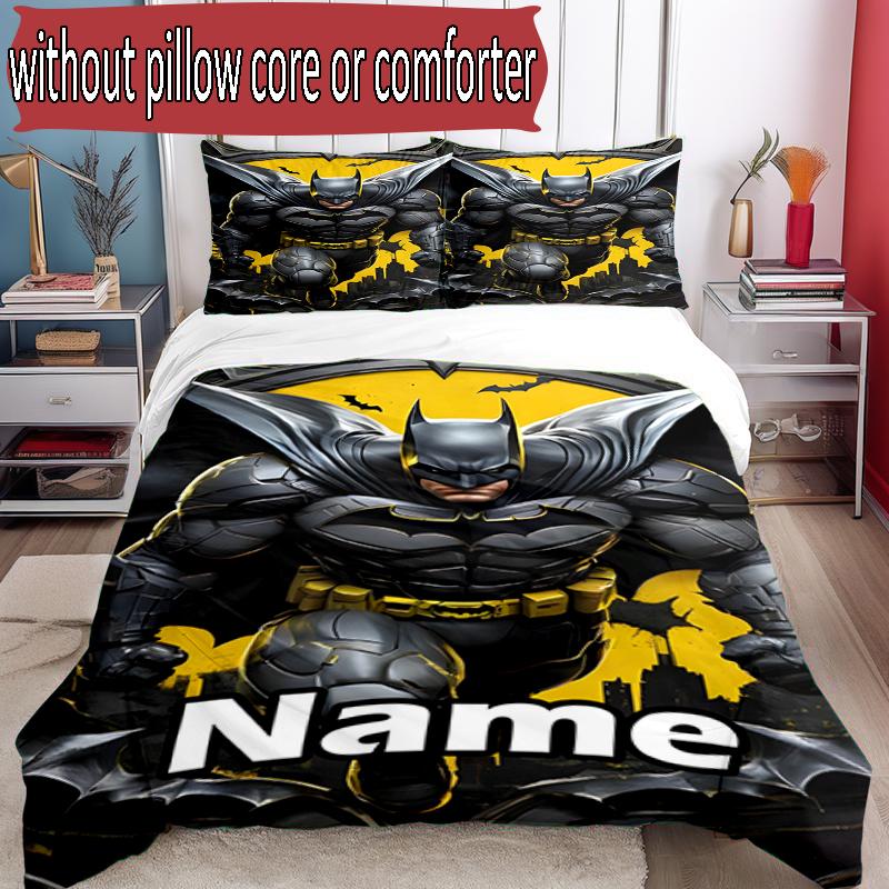 3pcs Duvet Cover Set (1*Duvet Cover + 2*Pillowcase, Without Core), Custom Name Batman Pattern Bedding Set, Home Bedroom Decor Gift
