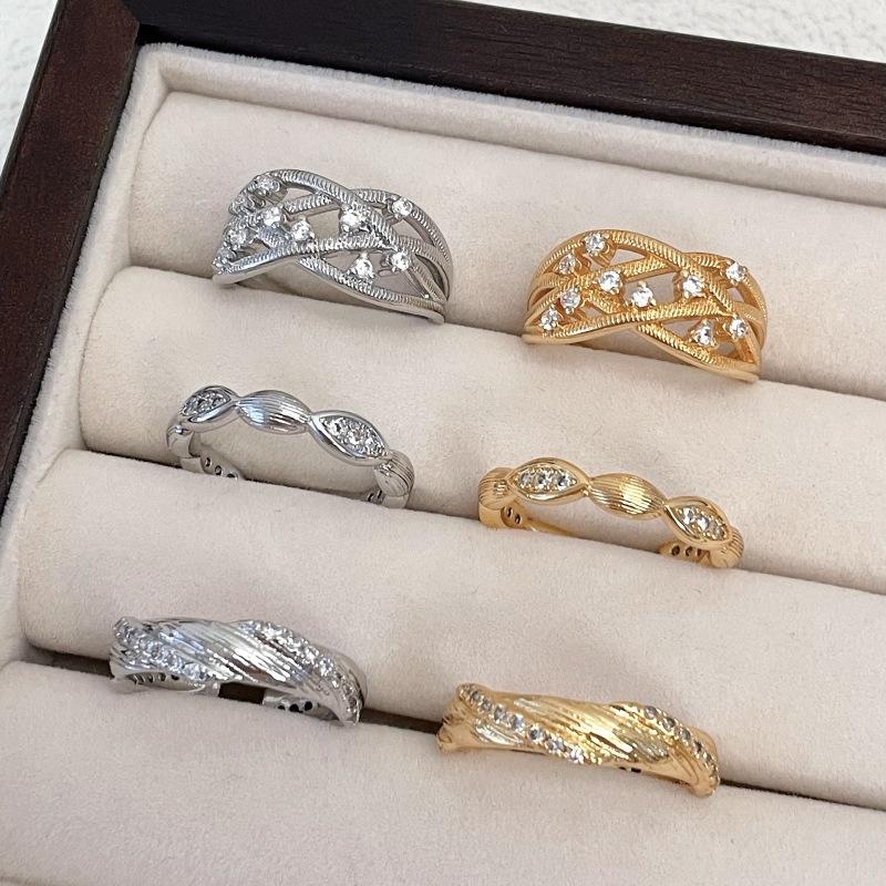 Vintage Luxury Medieval Brushed Woven Open Ring High-End Adjustable Zircon Personalized Ring Women