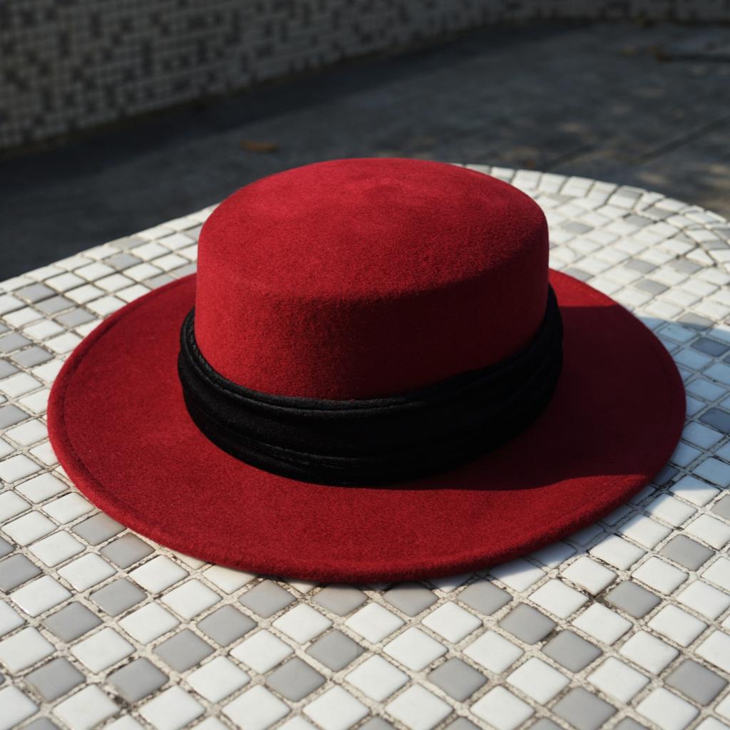 Japanese Retro Angola Red Woolen Flat Top Top Hat Women'S Autumn And Winter French Wide Brim Burgundy Jazz Felt