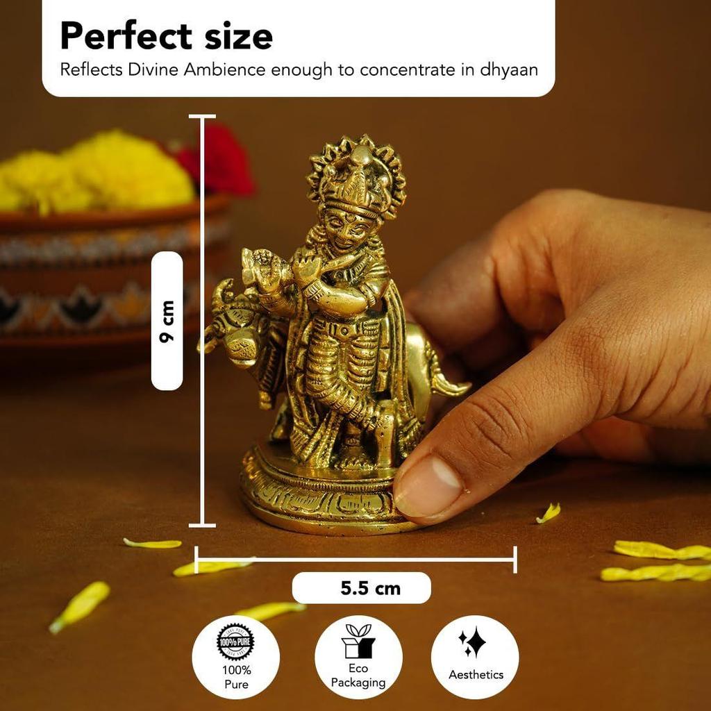 Pure Brass Lord Krishna Idol with Flute (9 cm) | Shree Lord Krishna Statue for Home Decor | Kanha Ji ki Murti for Office Desk