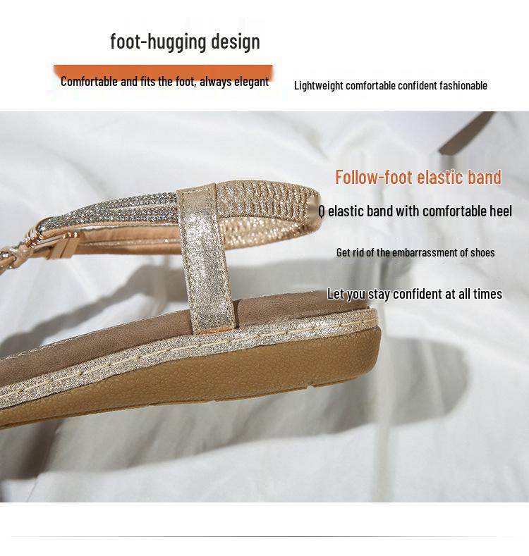 2024 Vår Strass Halkfria Böhmiska Platta Sandaler med Tårem för Kvinnor