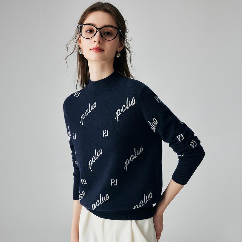 PALUO Women's 100% Cashmere Letter Jacquard Half-Turtleneck Sweater