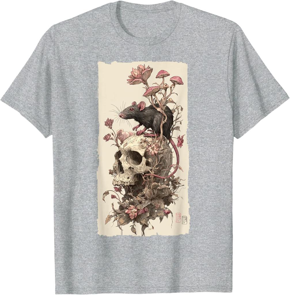 Gothic Rat Skull Mushroom Print Mens Casual Cotton Graphic Tee Soft Breathable TShirt